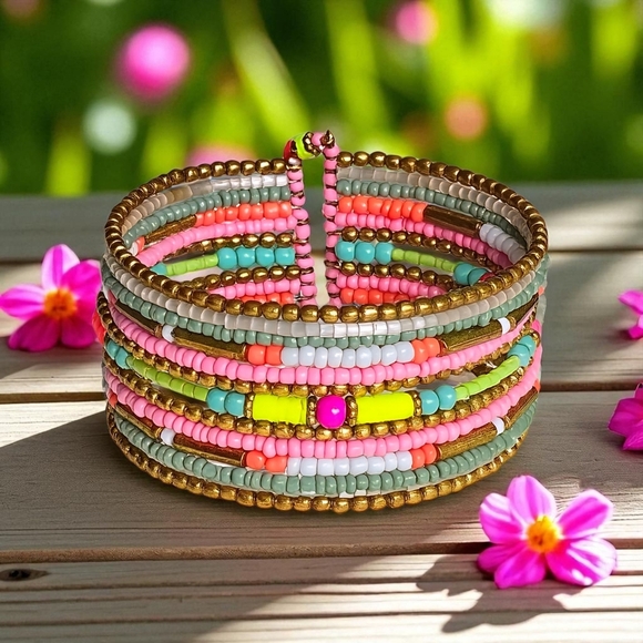 🆕️ Boho Chic Indian Artisan🌷Neon-Pastel Beaded Handcrafted Stacked Bracelet - Picture 1 of 13